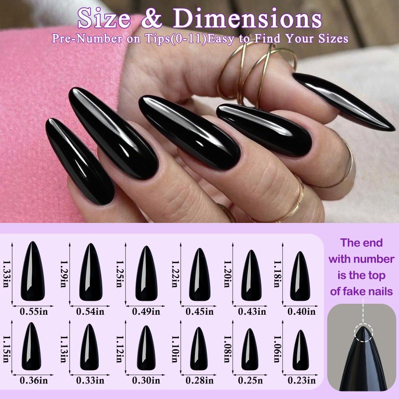 LuckForever 144pc Black Press on Nails Long Stiletto Fake Nails with Glue Tabs, Black Nails Press ons Nails Stiletto Glue on Nail Pointy Acrylic Nails Stick False Artificial Fingernail for Women Girls - Image 3